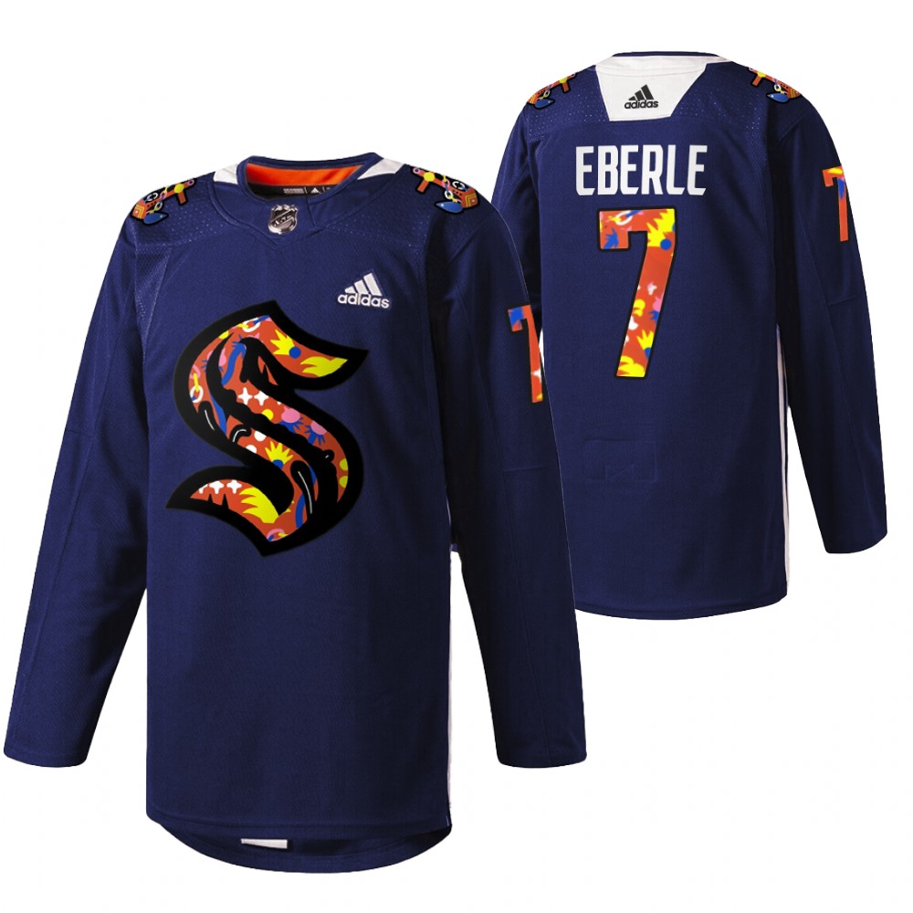 Seattle Kraken Jordan Eberle 2022 Women of Hockey Stevie Artwork Warmup Jersey Navy