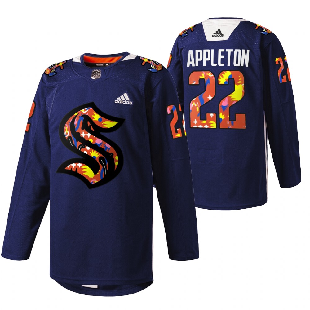 Seattle Kraken Mason Appleton 2022 Women of Hockey Stevie Artwork Warmup Jersey Navy