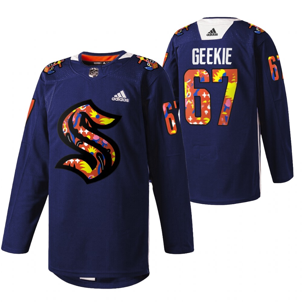 Seattle Kraken Morgan Geekie 2022 Women of Hockey Stevie Artwork Warmup Jersey Navy