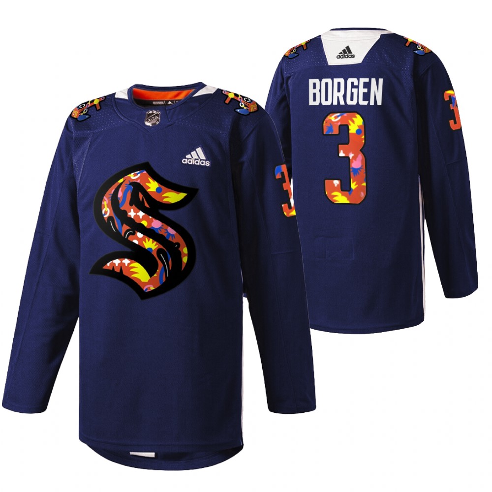 Seattle Kraken Will Borgen 2022 Women of Hockey Stevie Artwork Warmup Jersey Navy