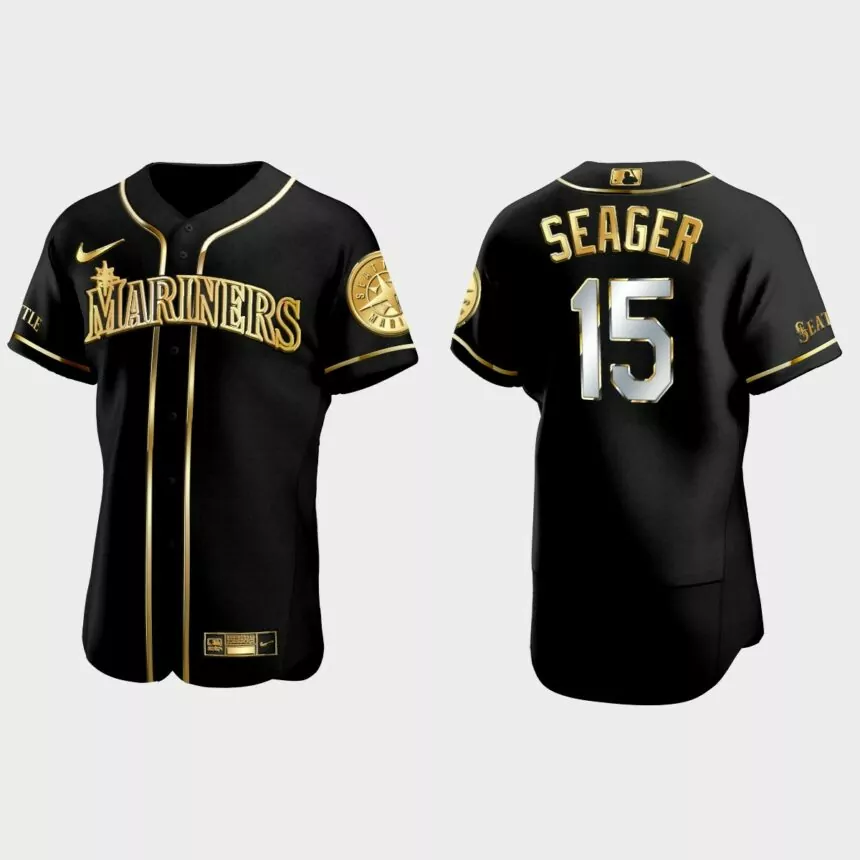 Seattle Mariners #15 Kyle Seager Golden Edition Authentic Jersey – Black