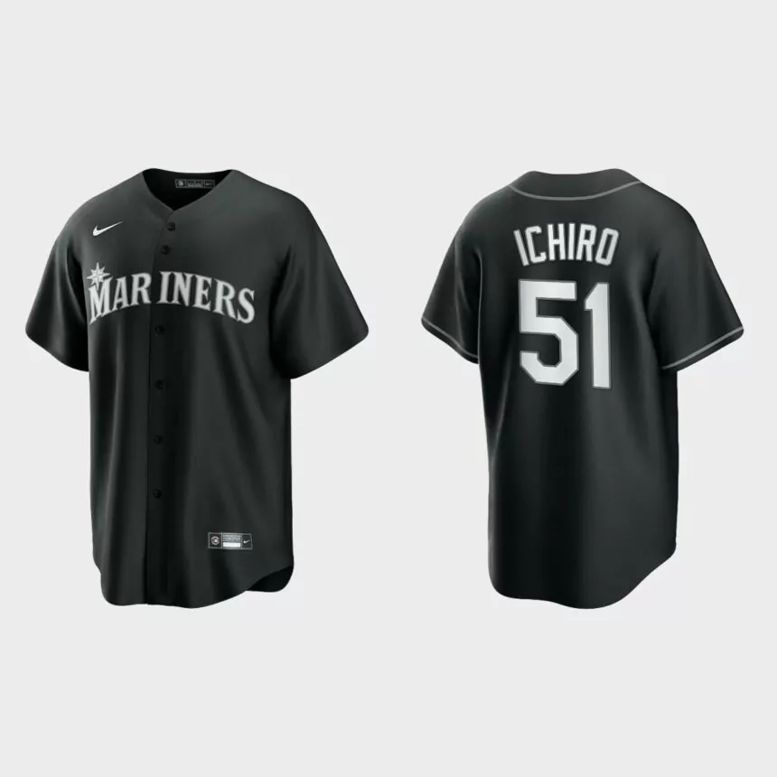 Seattle Mariners Ichiro Suzuki 2021 All Black Fashion Replica Jersey – Black White