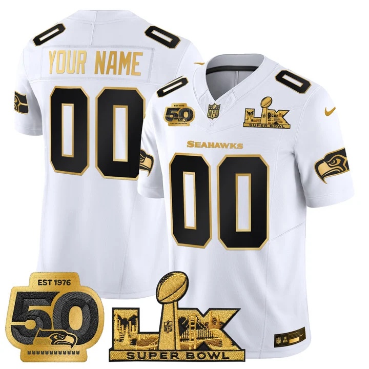Seattle Seahawks    Super Bowl LX & 50th Patch   Gold Vapor Limited Custom Jersey -   All Stitched