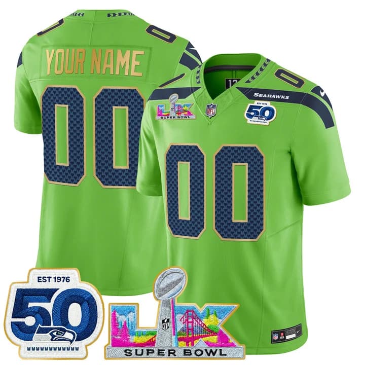 Seattle Seahawks   Super Bowl LX & 50th Patch  Gold Trim Vapor Limited Custom Jersey - All Stitched