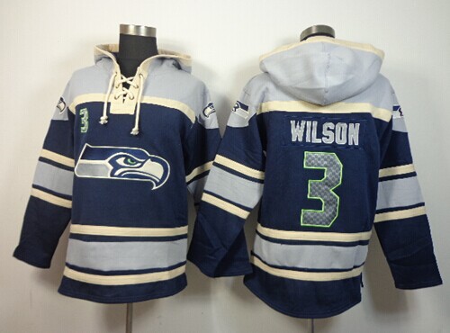 Seattle Seahawks #3 Russell Wilson Grey-Blue Sawyer Hooded Sweatshirt Stitched Jersey