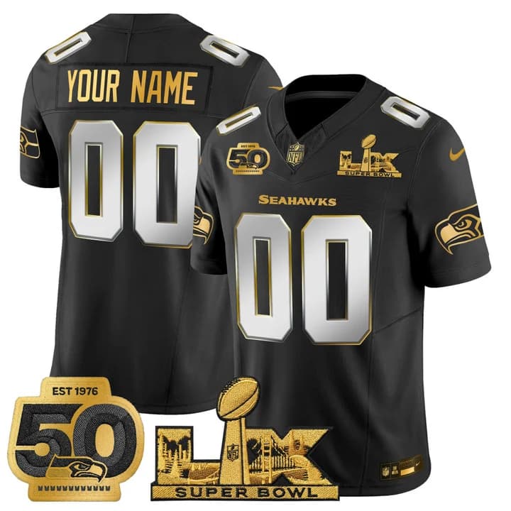 Seattle Seahawks  Super Bowl LX & 50th Patch  Gold Vapor Limited Custom Jersey - All    Stitched