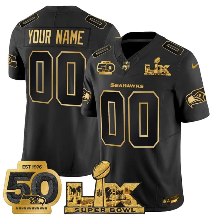 Seattle Seahawks  Super Bowl LX & 50th Patch  Gold Vapor Limited Custom Jersey - All  Stitched