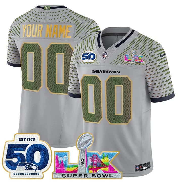 Seattle Seahawks  Super Bowl LX & 50th Patch Gold Trim Vapor Limited Custom Jersey -   All Stitched