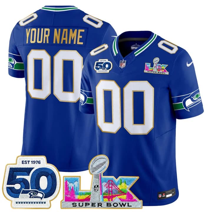 Seattle Seahawks  Super Bowl LX & 50th Patch Gold Trim Vapor Limited Custom Jersey - All Stitched