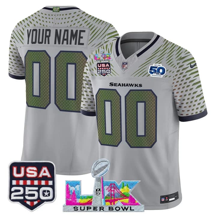 Seattle Seahawks  Super Bowl LX & United States 250th Anniversary Patch Vapor Limited  Custom Jersey - All Stitched