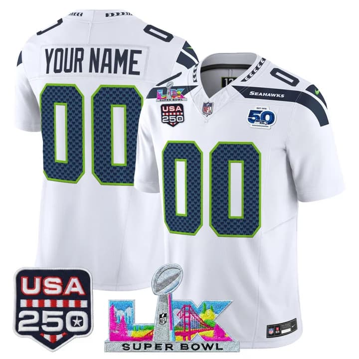 Seattle Seahawks  Super Bowl LX & United States 250th Anniversary Patch Vapor Limited Custom Jersey -   All Stitched