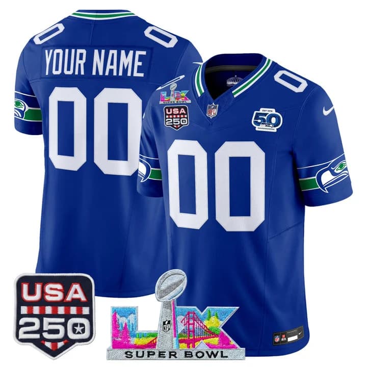Seattle Seahawks  Super Bowl LX & United States 250th Anniversary Patch Vapor Limited Custom Jersey - All Stitched