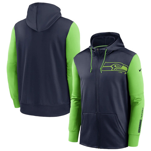 Seattle Seahawks College Navy Neon Green Fan Gear Mascot Performance Full-Zip Hoodie