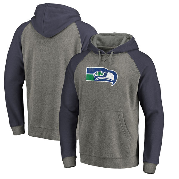 Seattle Seahawks NFL Pro Line By Fanatics Branded Throwback Logo Tri-Blend Raglan Pullover Hoodie Gray Navy