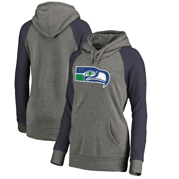 Seattle Seahawks NFL Pro Line By Fanatics Branded Women's Throwback Logo Tri-Blend Raglan Plus Size Pullover Hoodie Gray Navy
