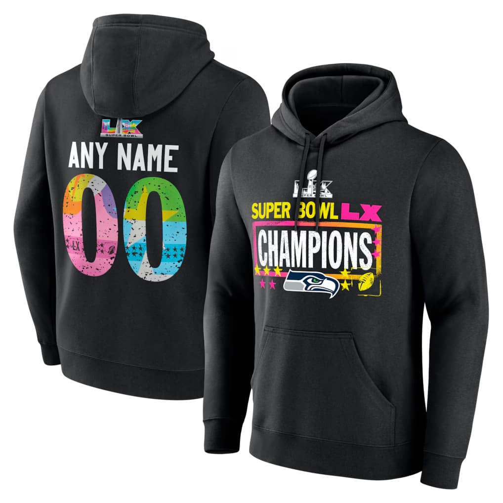 Seattle Seahawks Super Bowl LX Champions Custom Name & Number Hoodie - Black
