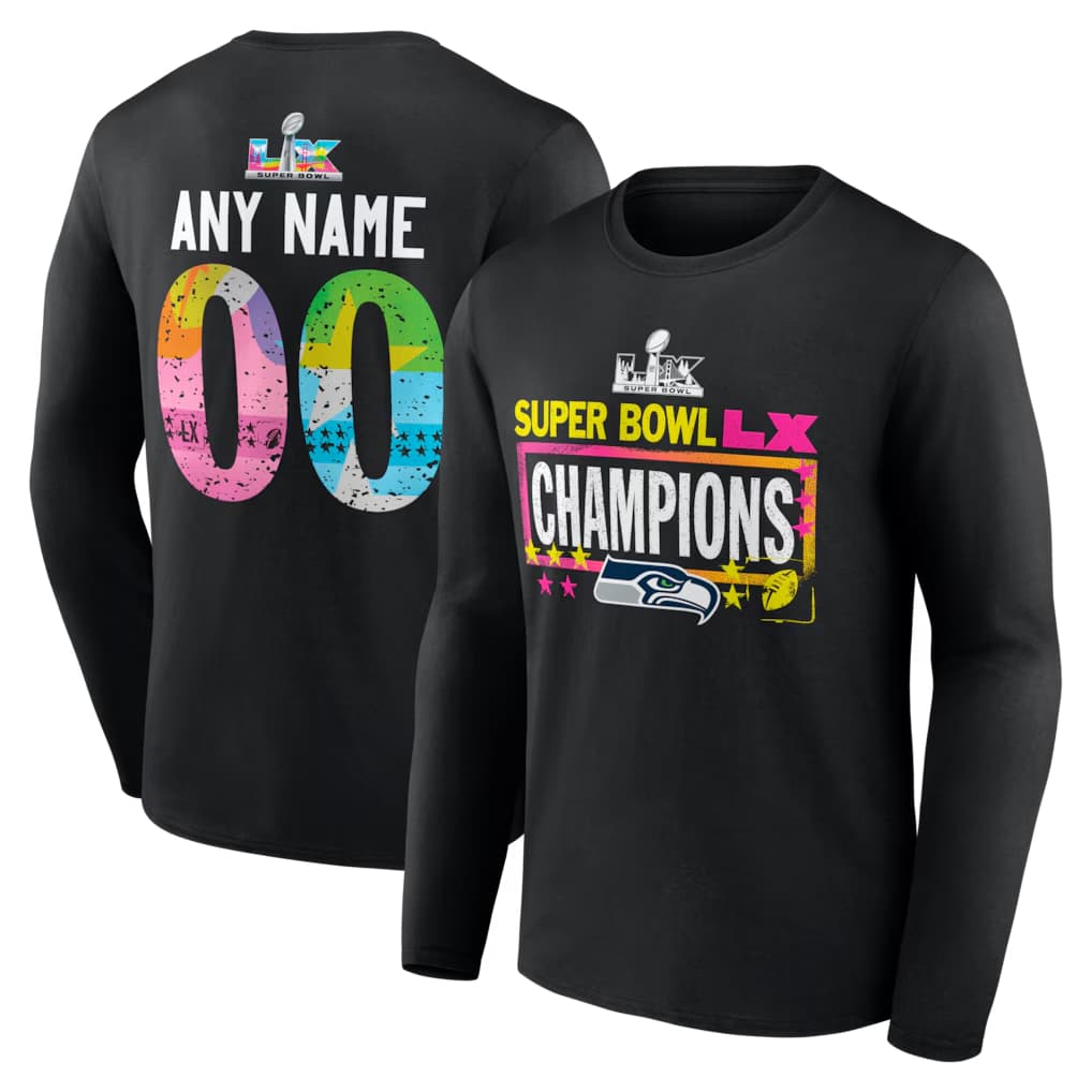 Seattle Seahawks Super Bowl LX Champions Custom Name & Number Long Sleeve T-Shirt - Black