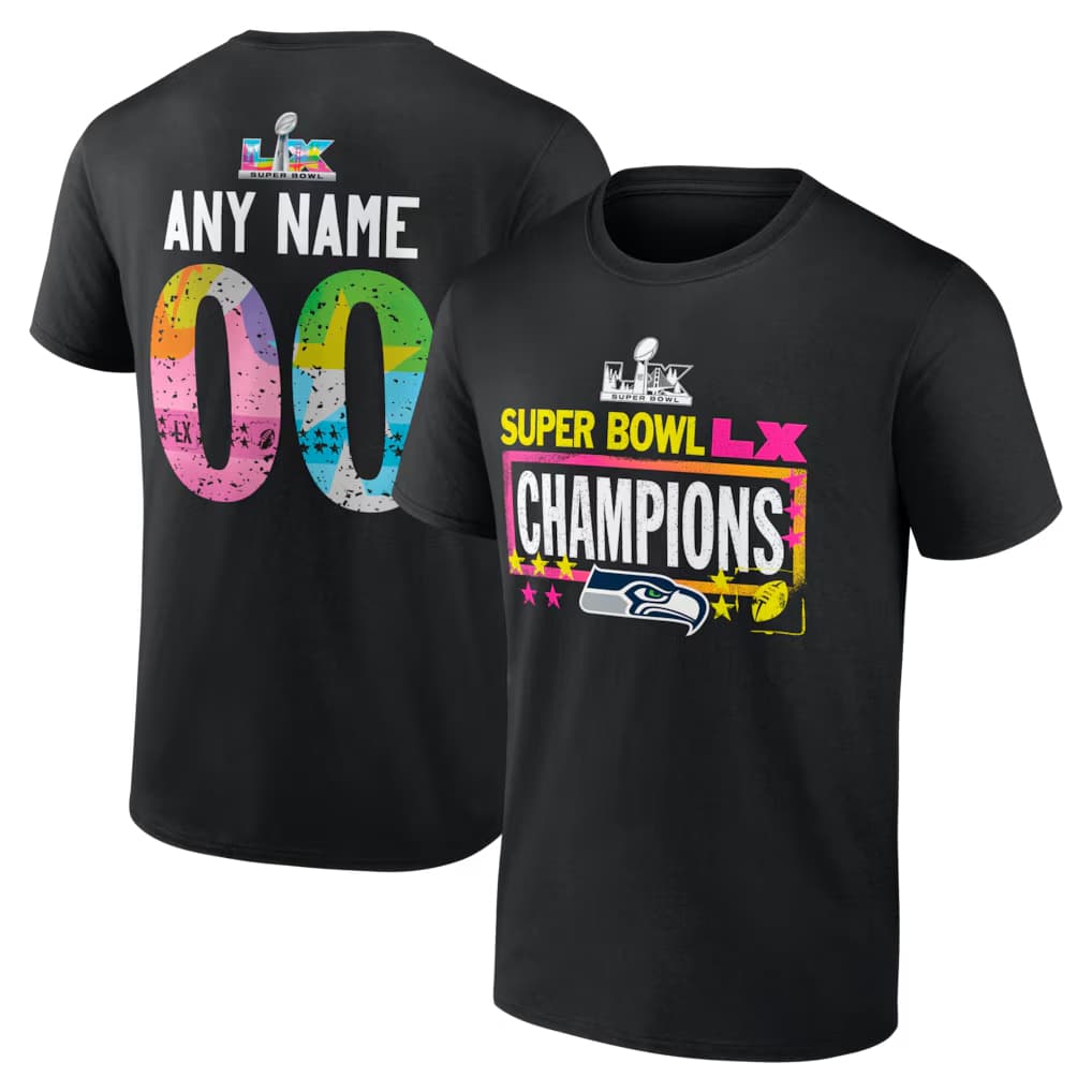 Seattle Seahawks Super Bowl LX Champions Custom Name & Number T-Shirt - Black