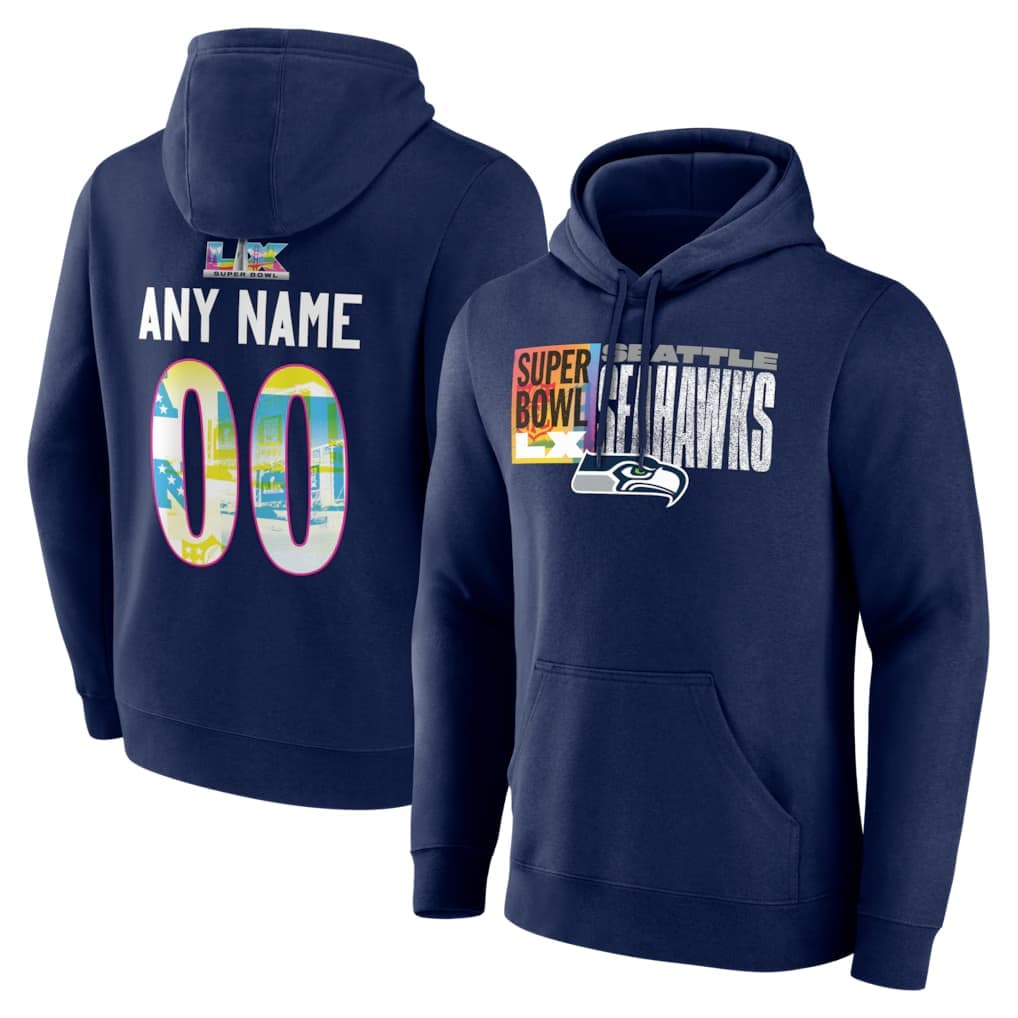 Seattle Seahawks Super Bowl LX Custom Name & Number Hoodie - College Navy