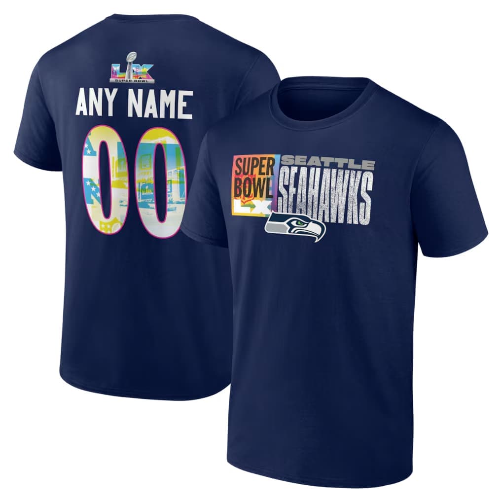 Seattle Seahawks Super Bowl LX Custom Name & Number T-Shirt - College Navy