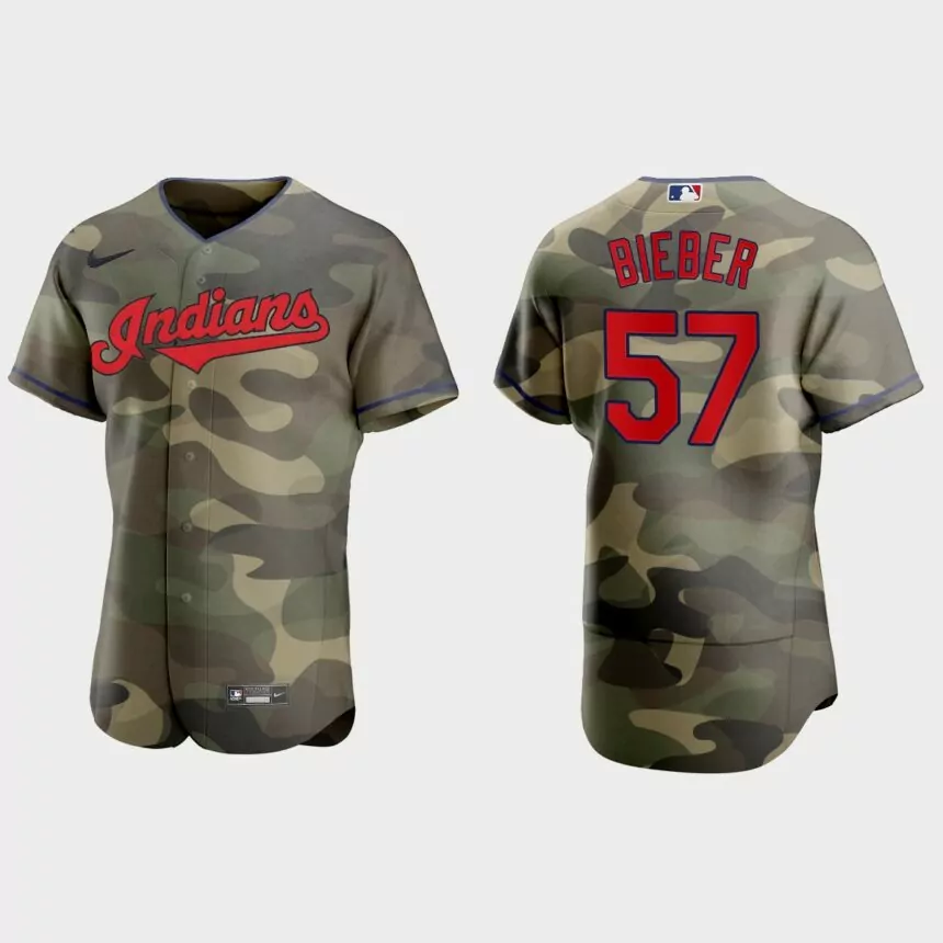 Shane Bieber Cleveland Indians 2021 National Armed Forces Day Authentic Jersey – Camo