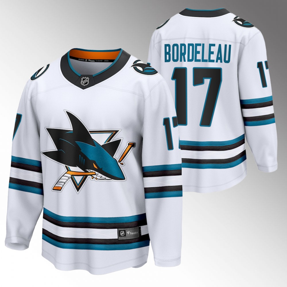 Sharks #17 Thomas Bordeleau White 2022-23 Away Jersey