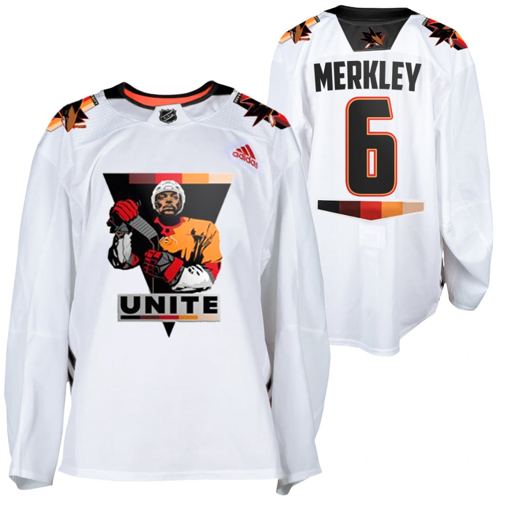 Sharks #6 Ryan Merkley White 2021 Terry Smith Unite Jersey
