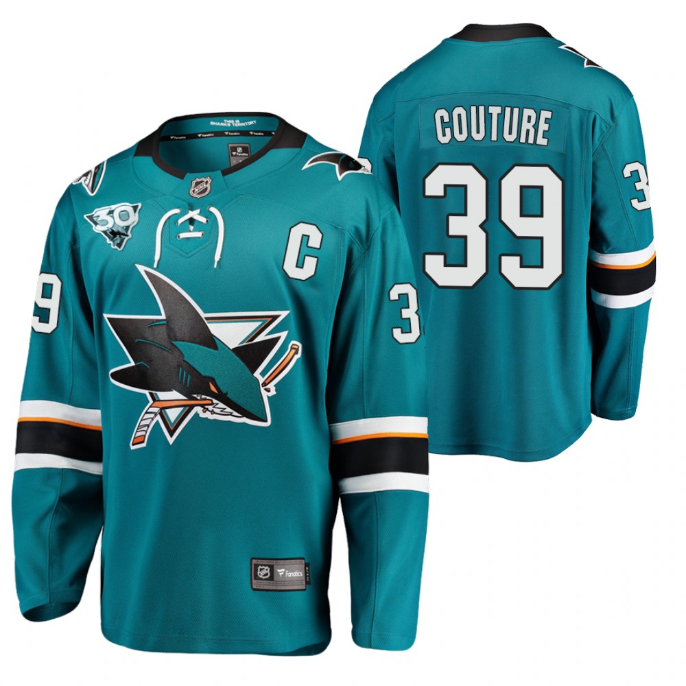 Sharks 2021 Reverse Retro #39 Logan Couture Teal Jersey 30th Anniversary Home