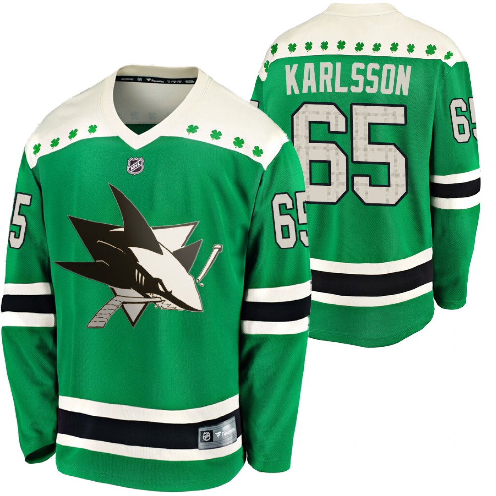 Sharks Erik Karlsson 2020 St. Patrick's Day Green #65 Jersey Replica Player