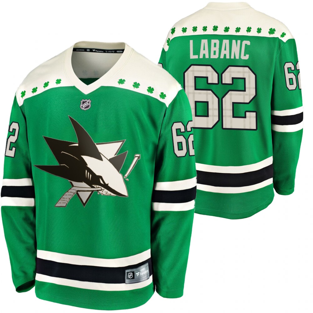 Sharks Kevin Labanc 2020 St. Patrick's Day Green #62 Jersey Replica Player
