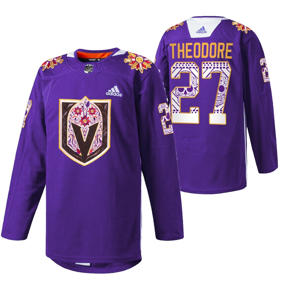 Shea Theodore Jersey Vegas Golden Knights Hispanic Heritage 2021 Purple Warmup