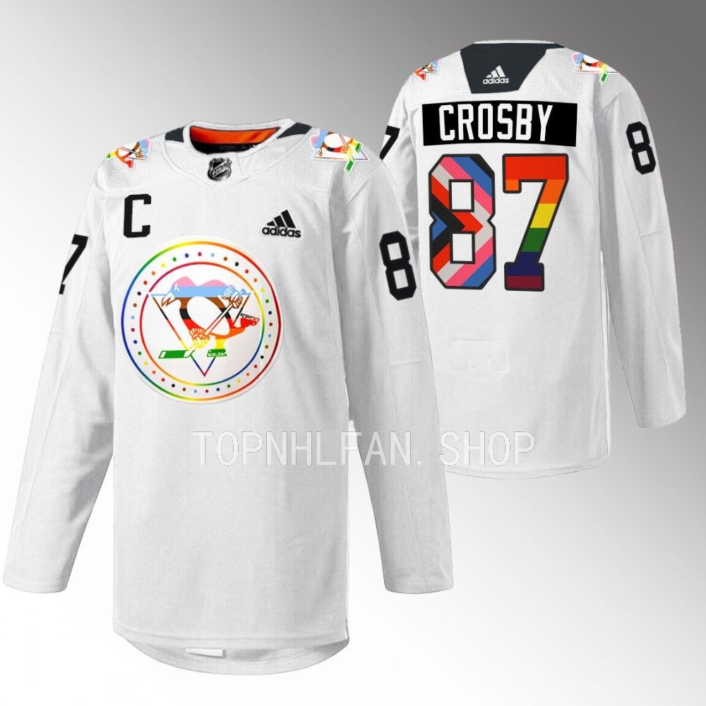 Sidney Crosby Penguins Pride warmup Jersey White Rainbow