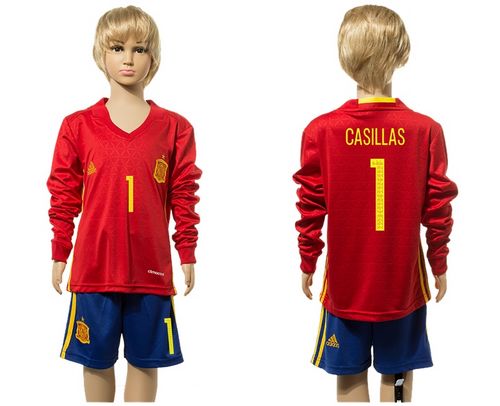 Spain #1 Casillas Red Home Long Sleeves Kid Soccer Country Jersey