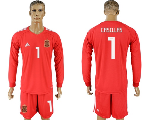 Spain #1 Casillas Red Long Sleeves Goalkeeper Soccer Country Jersey