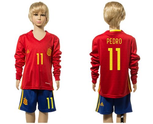 Spain #11 Pedro Red Home Long Sleeves Kid Soccer Country Jersey