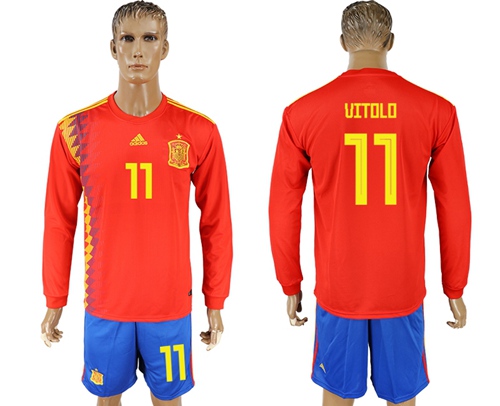 Spain #11 Vitolo Red Home Long Sleeves Soccer Country Jersey