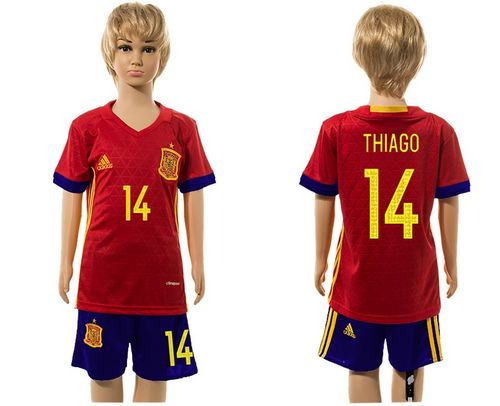Spain #14 Thiago Red Home Kid Soccer Country Jersey