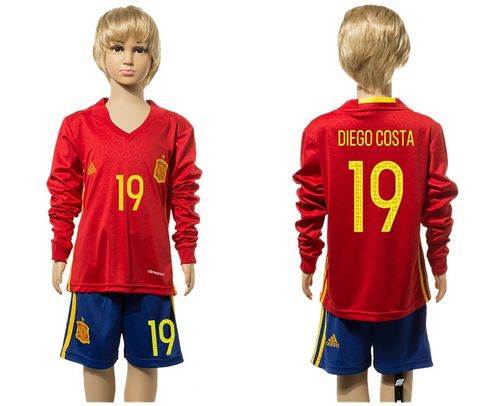 Spain #19 Diego Costa Red Home Long Sleeves Kid Soccer Country Jersey