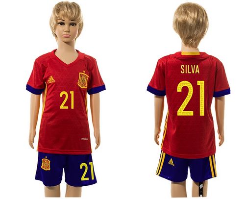 Spain #21 Silva Red Home Kid Soccer Country Jersey