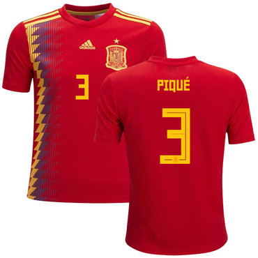 Spain #3 Pique Red Home Kid Soccer Country Jersey