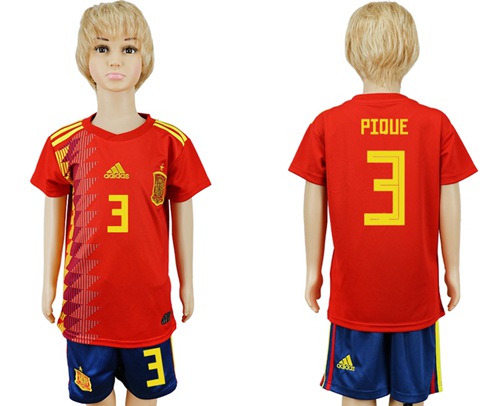 Spain #3 Pique Red Home Kid Soccer Country Jersey