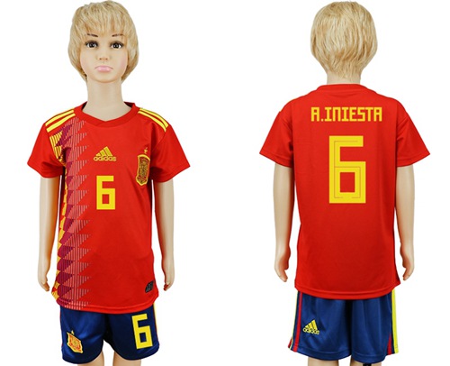 Spain #6 A.Iniesta Red Home Kid Soccer Country Jersey