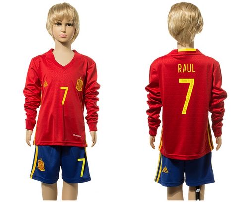 Spain #7 Raul Red Home Long Sleeves Kid Soccer Country Jersey