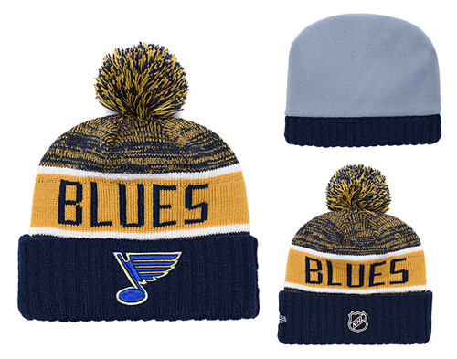 St. Louis Blues Fresh Logo Navy Yellow Pom Knit Hat YD