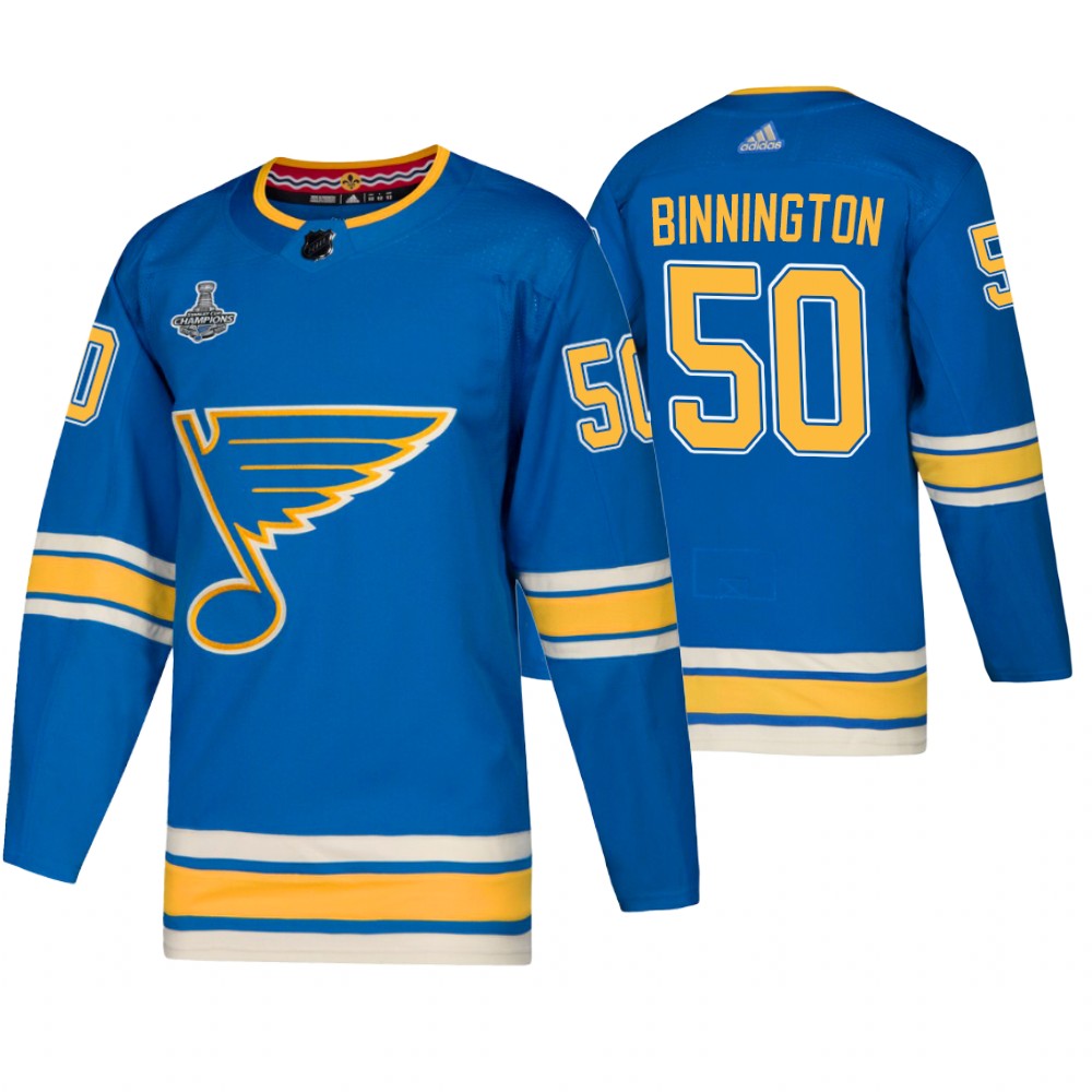 St. Louis Blues Jordan Binnington Blue 2019 Stanley Cup Champions Men's Jersey