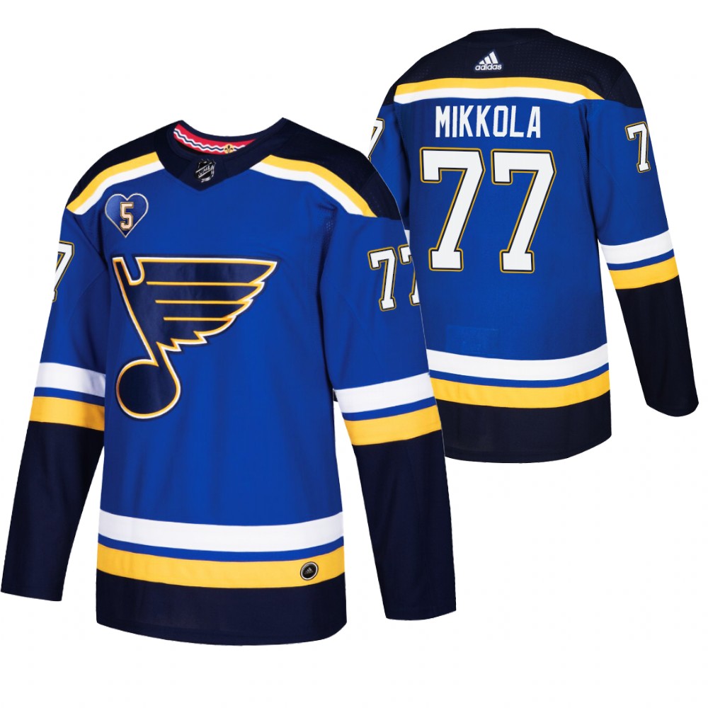 St. Louis Blues Niko Mikkola Blue 2021 Bobby Plager Momorial No.5 Patch Jersey