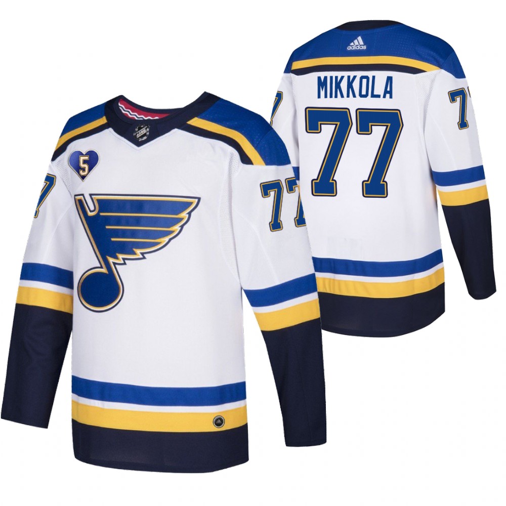 St. Louis Blues Niko Mikkola White 2021 Bobby Plager Momorial No.5 Patch Jersey