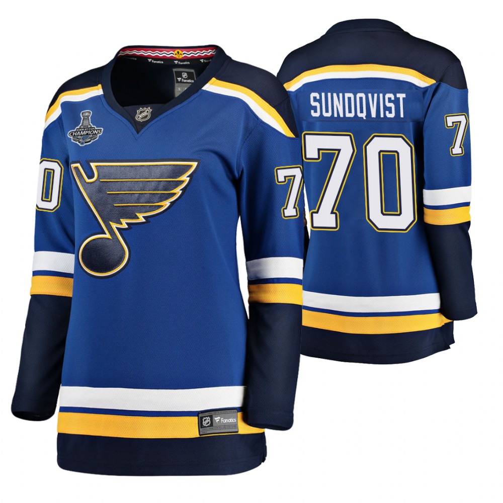 St. Louis Blues Oskar Sundqvist Blue 2019 Stanley Cup Champions Home Women's Jersey
