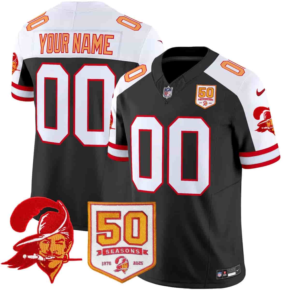 Tampa Bay Buccaneers Throwback 50th Season Patch Vapor Limited Custom Jersey - All Stitched Black Aternate