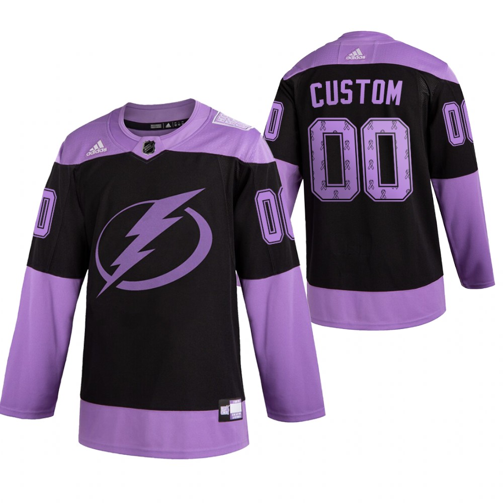 Tampa Bay Lightning 2021 Hockey Fights Cancer Custom Black Purple Jersey Ribbons